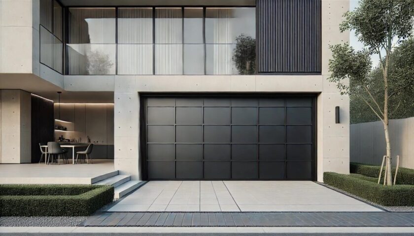 Modern garage door with smart security features and energy-efficient design, highlighting sustainable home upgrades in 2025