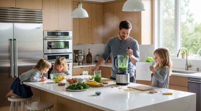 Busy parent blending green smoothie with kids in modern kitchen