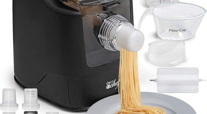 Homemade pasta strands coming out of the Deco Chef pasta machine