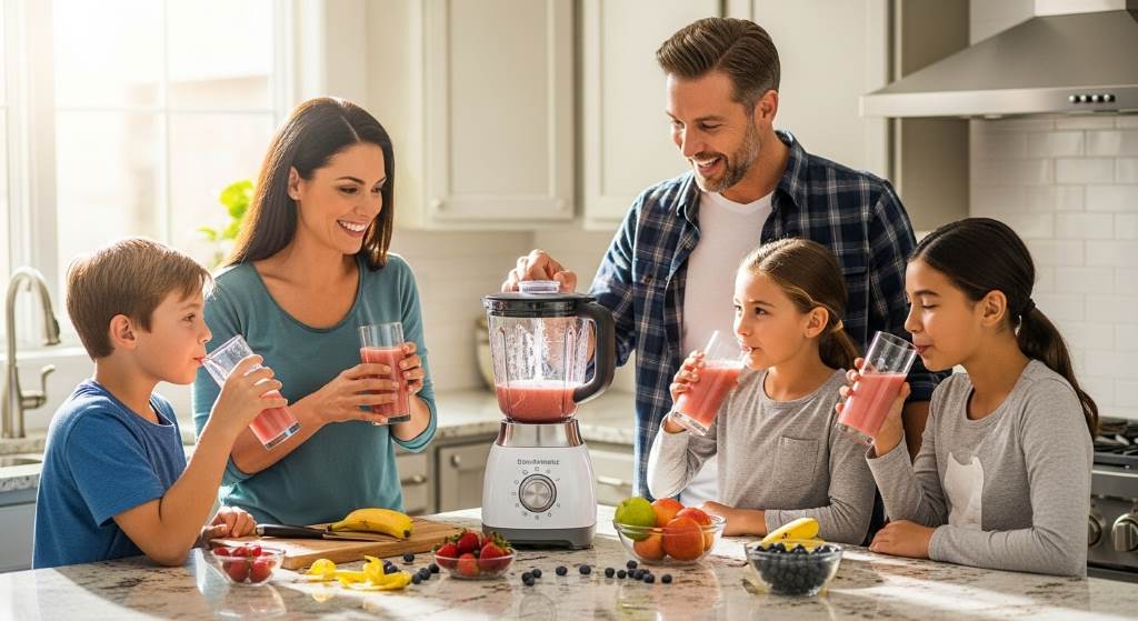 Family enjoying fresh smoothies from affordable countertop blender on kitchen counter