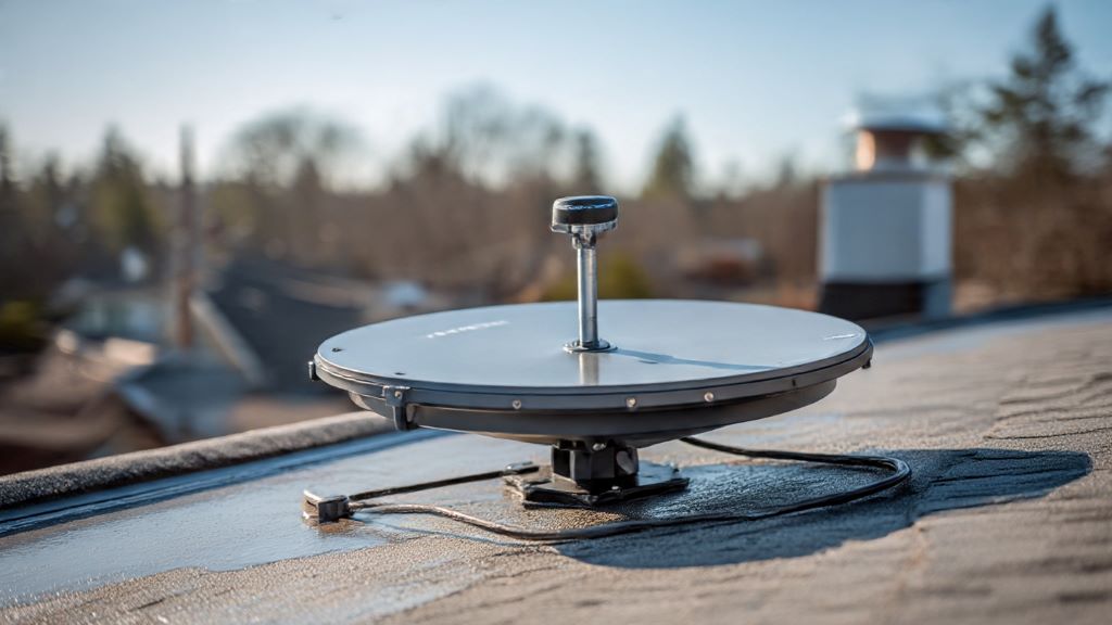 Starlink satellite dish mounted on residential roof with waterproof sealant application