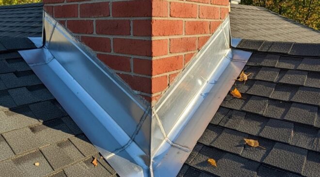 Close-up view of metal chimney cricket with flashing protecting roof valley from water damage