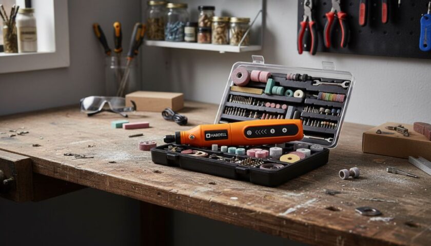 HARDELL rotary tool kit with accessories displayed on workbench