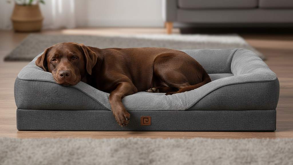 Cozy oversized dog bed with a large breed Labrador resting comfortably on memory foam