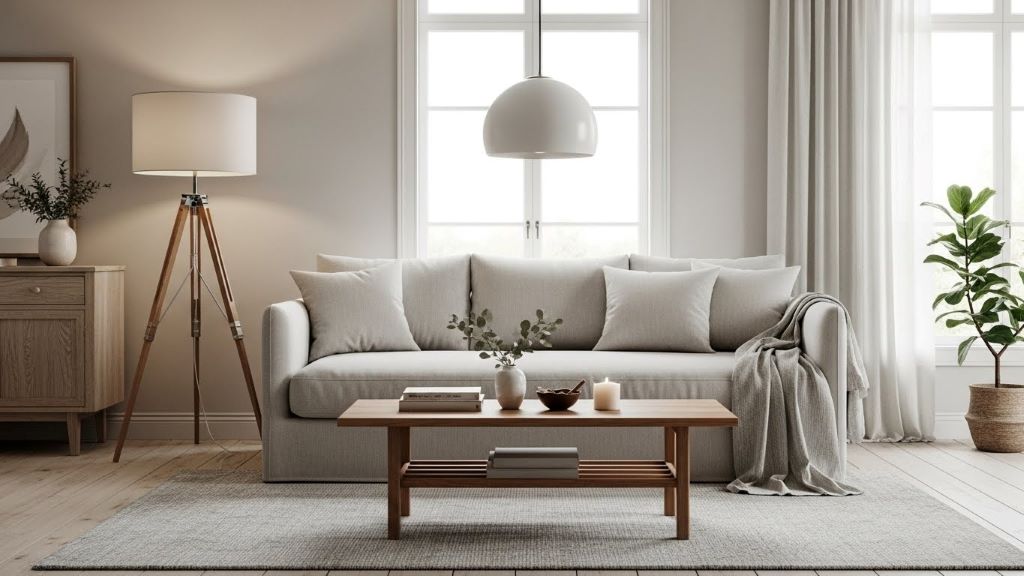 Minimalist living room with neutral linen sofa, wooden coffee table, and soft natural lighting creating Arket-inspired relaxed luxury aesthetic
