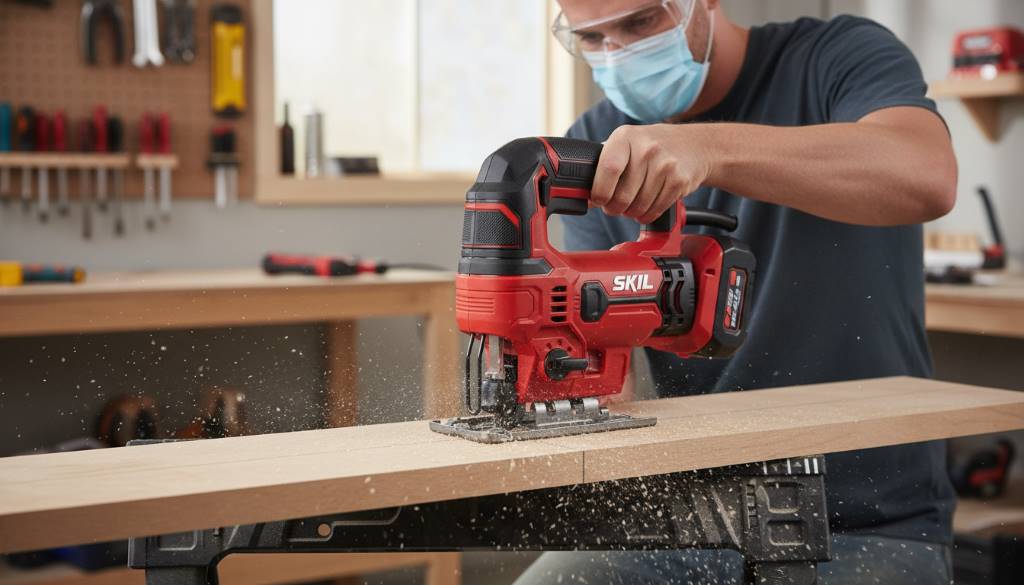 Person wearing safety glasses and mask operating a cordless jig saw on wooden workpiece with clear cut line