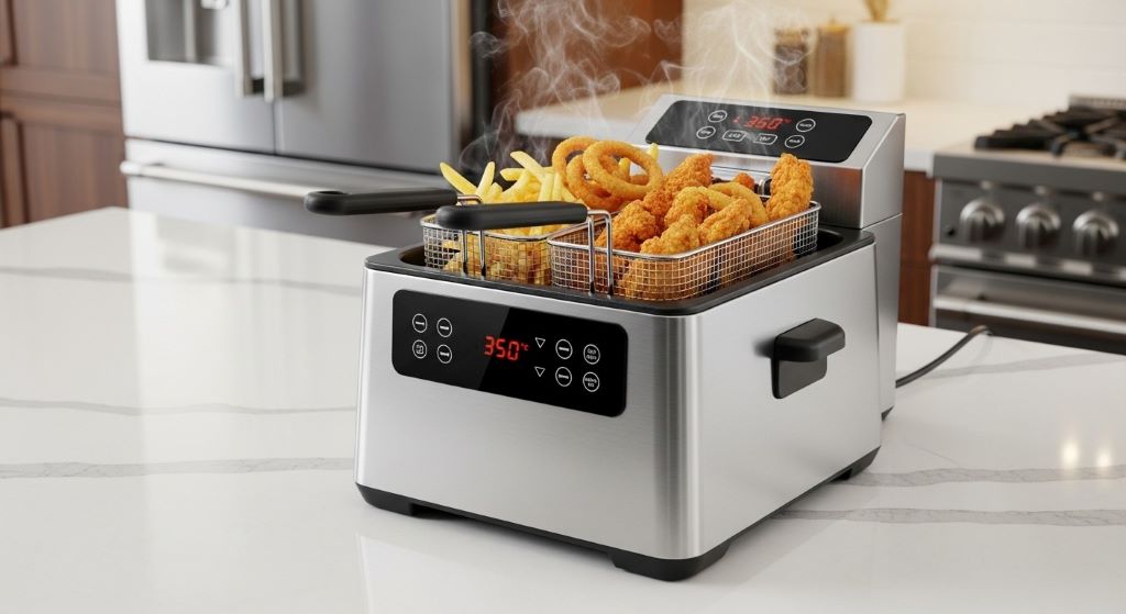 Modern deep fryer with built-in oil filtration system and digital temperature control on kitchen countertop with fried food basket
