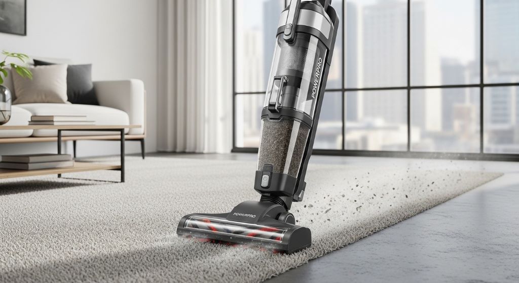Upright vacuum cleaner with powerful suction cleaning deep into carpet fibers in modern living room