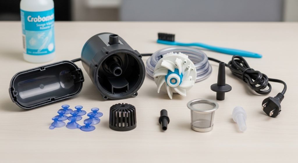 Disassembled aquarium pump showing impeller, housing, and components laid out for cleaning and maintenance procedure
