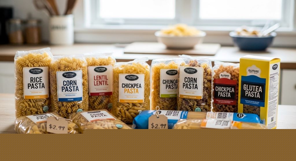 Assorted packages of affordable gluten-free pasta varieties including rice, corn, and chickpea options displayed on kitchen counter with price tags