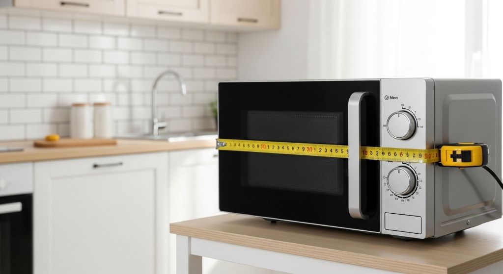 Compact microwave oven on small kitchen counter with measuring tape showing space-saving dimensions