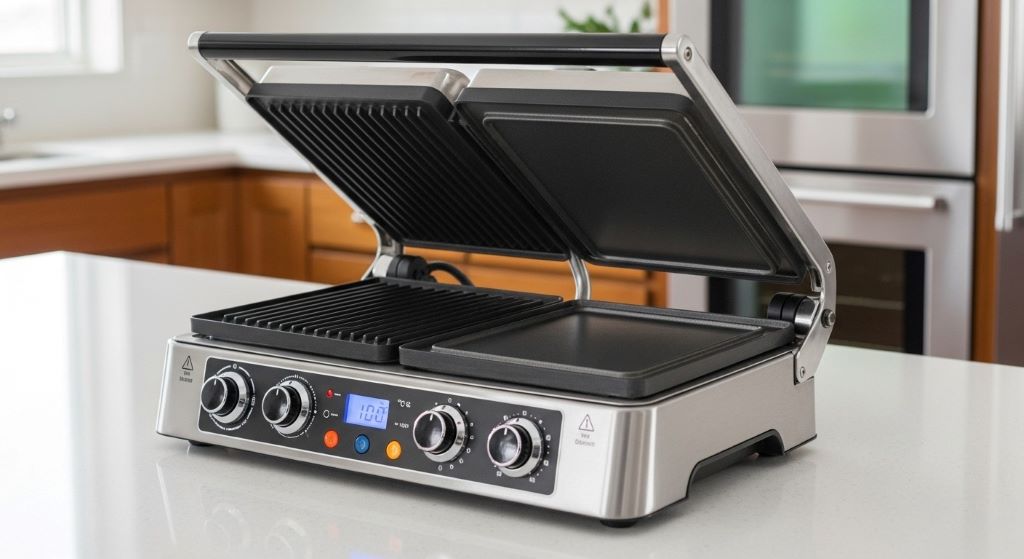Contact grill with open lid showing non-stick plates and temperature controls on kitchen counter