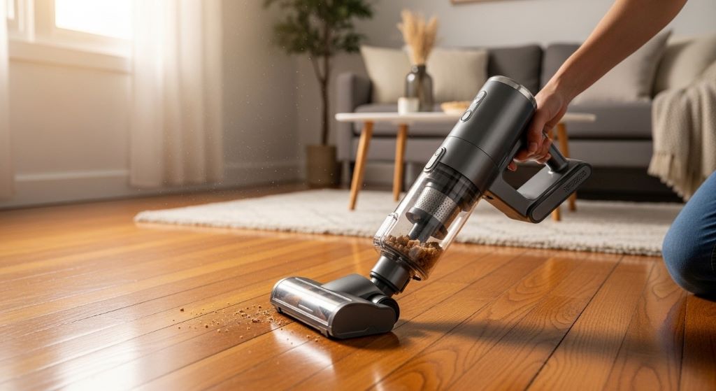 Compact handheld cordless vacuum cleaning hardwood floor in small apartment living room