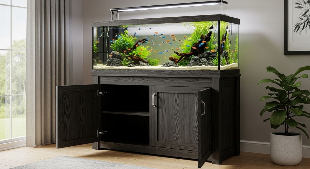 Wooden aquarium stand supporting large fish tank with storage cabinet underneath