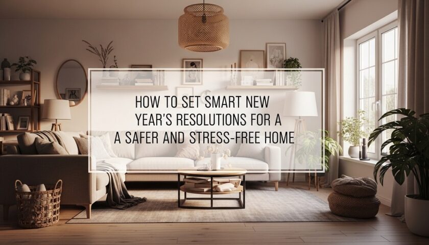 family organizing living room for safer home environment
