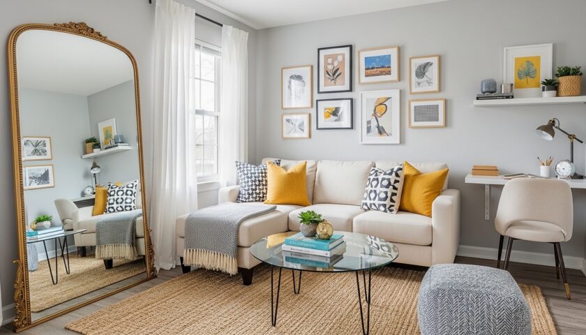 small living room layout with slim sofa and wall shelves