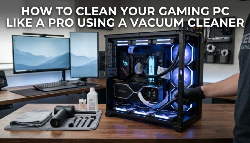 Gaming PC with side panel off and title text about cleaning with a vacuum.