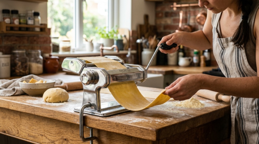 A stainless steel hand crank pasta machine rolling fresh dough on a wooden kitchen counter