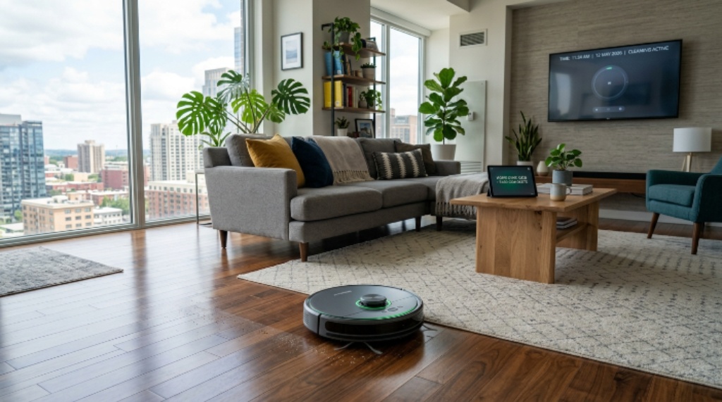 A robotic vacuum cleaner autonomously cleaning a modern living room floor in 2026