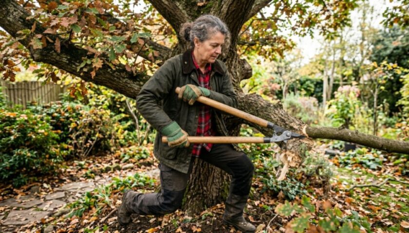 A gardener wearing gloves using hand loppers to cut a thick tree branch outdoors