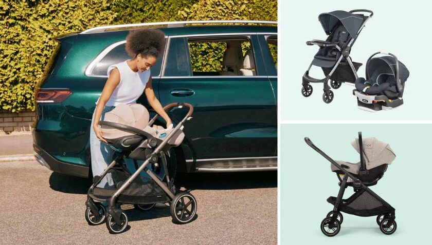 New parents using a travel system stroller with infant car seat