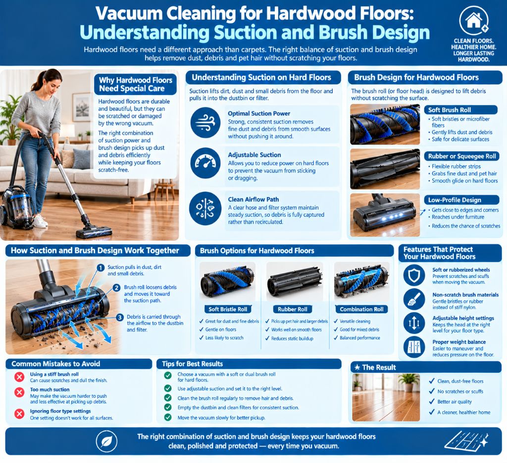 Vacuum brush design for hardwood floor cleaning