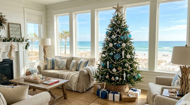 Living room Christmas tree adorned with coastal seashells and blue ornaments.