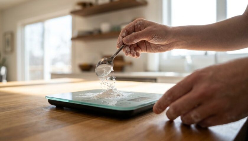 Digital kitchen scale weighing flour on a wooden countertop.