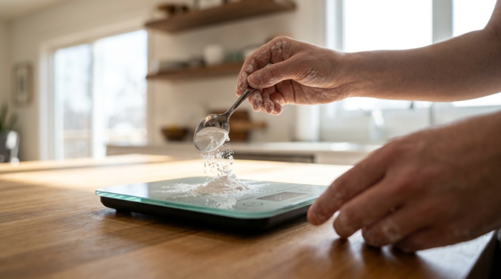 Digital kitchen scale weighing flour on a wooden countertop.