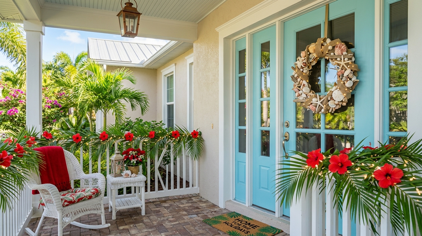 Sunny Florida front porch decorated with tropical plants and fairy lights.