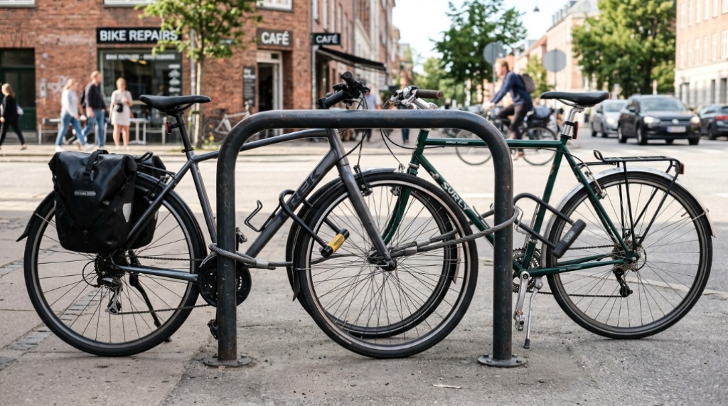 Close-up of a sturdy U-lock securing a bicycle frame to a post.