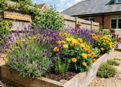 Vibrant lavender and marigold plants growing in a sunny backyard garden.
