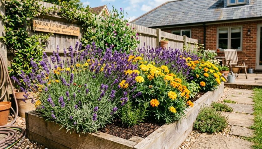 Vibrant lavender and marigold plants growing in a sunny backyard garden.