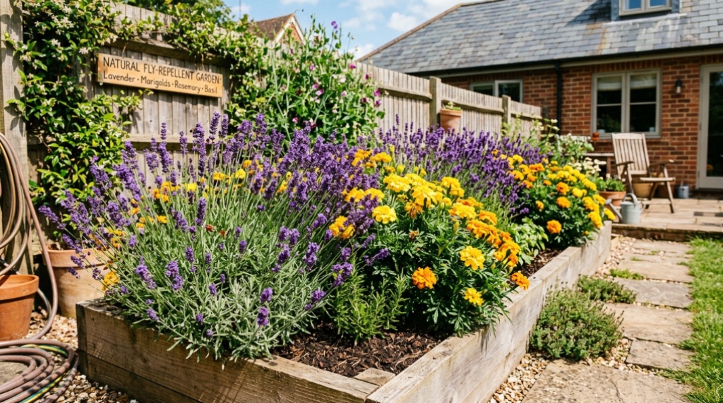 Vibrant lavender and marigold plants growing in a sunny backyard garden.
